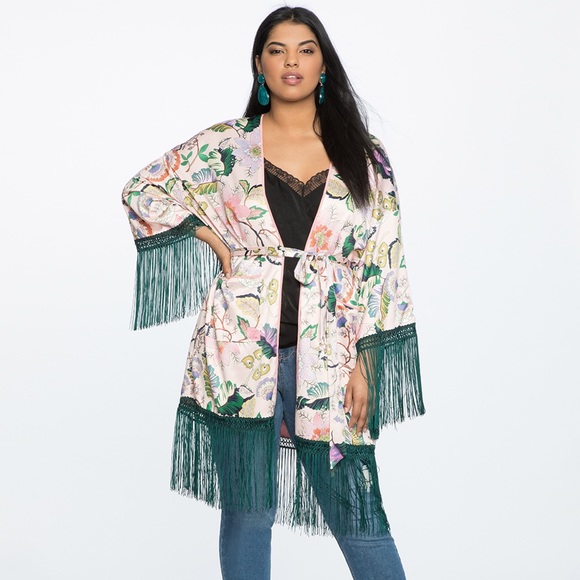 Eloquii Jackets & Blazers - Printed Kimono with Fringe Trim -ELOQUII